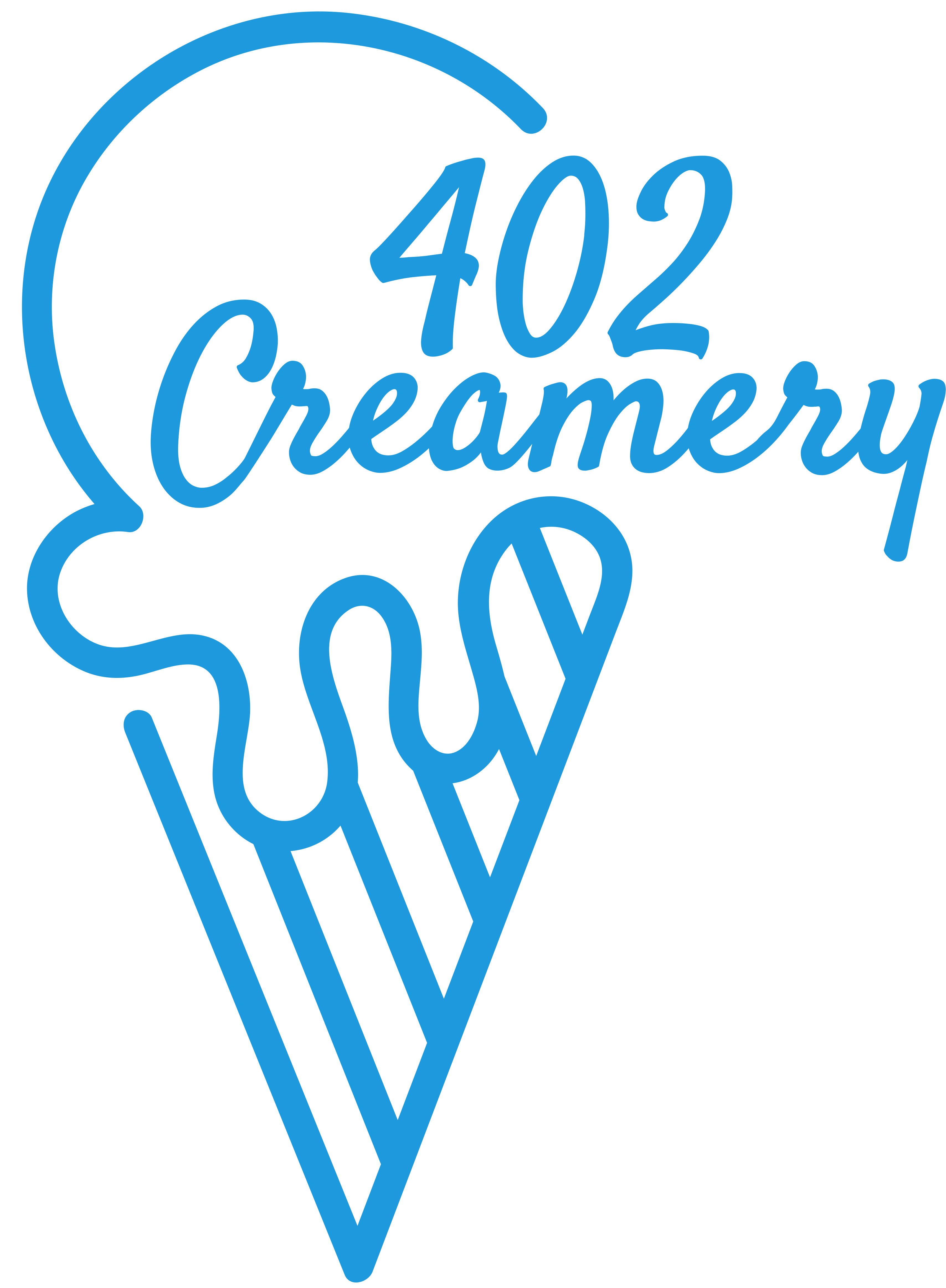 Blue outline logo of an ice cream cone with "402 Creamery" written above.