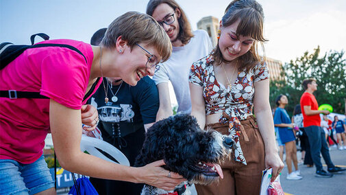Students petting a labradoodle.