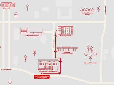 Map of East Campus, indicating the Big Red Welcome bus stop near the Food Industry building.